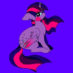 Size: 743x745 | Tagged: safe, artist:byebyebat, twilight sparkle, alicorn, pony, g4, alternate cutie mark, blush sticker, blushing, colored wings, colored wingtips, female, floppy ears, looking at you, mare, purple background, simple background, sitting, solo, sparkles, twilight sparkle (alicorn), windswept mane