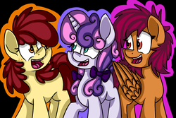Size: 1080x720 | Tagged: safe, artist:mlplmaster, apple bloom, scootaloo, sweetie belle, earth pony, pegasus, pony, unicorn, g4, alternate hairstyle, black background, blank flank, bow, cutie mark crusaders, female, filly, freckles, hair bow, looking at each other, missing accessory, open mouth, pigtails, redesign, simple background, trio