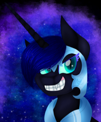 Size: 1000x1200 | Tagged: safe, artist:mlplmaster, nightmare moon, princess luna, alicorn, pony, g4, ethereal mane, fangs, female, galaxy mane, grin, hair over one eye, helmet, horn, jewelry, long horn, mare, nightmare luna, regalia, smiling, solo, starry mane