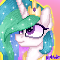 Size: 1080x1080 | Tagged: safe, artist:mlplmaster, princess celestia, pony, g4, bust, ethereal mane, female, gradient background, hair over one eye, jewelry, mare, pixel art, regalia, solo, starry mane