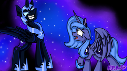 Size: 1920x1080 | Tagged: safe, artist:mlplmaster, nightmare moon, princess luna, alicorn, pony, g4, black background, duality, duo, ethereal mane, fangs, female, floppy ears, grin, helmet, hoof shoes, jewelry, looking at each other, looking up, mare, open mouth, raised hoof, redraw, regalia, s1 luna, self ponidox, shocked, simple background, smiling, spread wings, starry mane, wings
