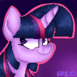 Size: 1920x1920 | Tagged: safe, artist:mlplmaster, twilight sparkle, pony, g4, female, gradient background, looking back, mare, pixel art, smiling, solo