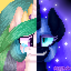 Size: 1920x1920 | Tagged: safe, artist:mlplmaster, nightmare moon, princess celestia, pony, g4, abstract background, crying, duo, ethereal mane, female, grin, helmet, jewelry, looking at you, low res image, mare, pixelated, smiling, split screen, starry mane, tiara