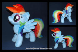 Size: 1280x861 | Tagged: safe, artist:peruserofpieces, rainbow dash, pegasus, pony, g4, female, irl, mare, photo, plushie, profile, smiling, solo, spread wings, standing, wings