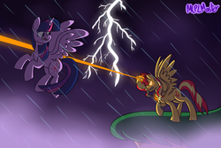 Size: 1500x1000 | Tagged: safe, artist:mlplmaster, sunset shimmer, twilight sparkle, alicorn, pony, alicornified, blast, duo, female, fight, flying, glowing eyes, glowing horn, gritted teeth, horn, lightning, looking back, magic, magic beam, magic blast, mare, narrowed eyes, open mouth, race swap, rain, raised hoof, shimmercorn, spread wings, twilight sparkle (alicorn), wings