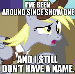 Size: 729x720 | Tagged: source needed, safe, edit, edited screencap, screencap, derpy hooves, spike, dragon, pegasus, pony, g4, the point of no return, box, caption, cardboard box, clothes, cropped, female, hat, image macro, imgflip, impact font, male, mare, offscreen character, op is a slowpoke, package, raised eyebrow, raised hoof, solo focus, text, that one nameless background pony we all know and love, veggietales