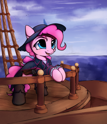 Size: 1802x2082 | Tagged: safe, artist:hitbass, part of a set, pinkie pie, earth pony, pony, g4, bipedal, bipedal leaning, boots, cheek fluff, clothes, cute, diapinkes, fantasy class, feather, female, hat, hoof boots, leaning, mare, ocean, open mouth, pirate, pirate outfit, pirate pinkie pie, pirate ship, shoes, sketch, solo
