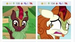 Size: 1080x607 | Tagged: safe, edit, edited screencap, screencap, autumn blaze, cinder glow, summer flare, kirin, derpibooru, sounds of silence, disgusted, do not want, female, happy, juxtaposition, meta, tongue out, varying degrees of want, want