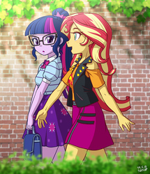 Size: 1000x1165 | Tagged: safe, artist:uotapo, sci-twi, sunset shimmer, twilight sparkle, human, equestria girls, g4, my little pony equestria girls: better together, clothes, cute, duo, female, geode of empathy, geode of telekinesis, glasses, magical geodes, meganekko, open mouth, profile, shimmerbetes, skirt, smiling, twiabetes, walking