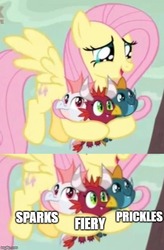 Size: 500x761 | Tagged: safe, edit, edited screencap, screencap, baby cinder, baby rubble, baby sparks, fiery, fluttershy, prickles, sparks (g1), dragon, pegasus, pony, g1, g4, sweet and smoky, baby, baby dragon, cropped, cute, female, flying, headcanon, mare, naming, shyabetes, sparks, suggestion