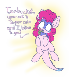 Size: 1280x1422 | Tagged: safe, artist:heir-of-rick, fluttershy, pinkie pie, monster pony, original species, pony, tatzlpony, g4, chalkzone, dialogue, female, mare, mask, micro, motivational, open mouth, positive ponies, simple background, snaponka, snappy pie, talking to viewer, tatzlpie, tongue out, tumblr, white background