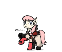 Size: 1200x1000 | Tagged: safe, artist:trefoiler, derpibooru exclusive, oc, oc only, oc:hope blossoms, earth pony, pony, colt quest, boots, clothes, colored sketch, crossover, female, gloves, lab coat, mare, medic, medic (tf2), medigun, shoes, simple background, sketch, solo, team fortress 2, white background, wide eyes