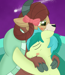 Size: 2550x2949 | Tagged: safe, artist:skyflys, sandbar, yona, pony, yak, g4, she's all yak, blushing, bow, cloven hooves, cute, duo, duo male and female, eyes closed, female, hair bow, high res, hug, interspecies, larger female, male, monkey swings, night, sandabetes, ship:yonabar, shipping, size difference, smaller male, straight, teenager, yonadorable
