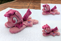 Size: 2382x1588 | Tagged: safe, artist:plushbyanto, berry punch, berryshine, earth pony, pony, g4, beanie (plushie), chibi, female, irl, lying down, mare, minky, no mouth, no nose, no pupils, photo, plushie, profile, prone, solo, sploot, toy