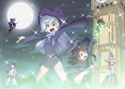 Size: 2923x2067 | Tagged: safe, artist:ryured, starlight glimmer, trixie, twilight sparkle, human, g4, anime, big ben, broom, clothes, crossover, england, full moon, hat, high res, humanized, little witch academia, london, moon, netflix, night, open mouth, stars, united kingdom, witch hat