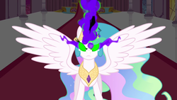 Size: 1280x720 | Tagged: safe, screencap, princess celestia, alicorn, pony, g4, the crystal empire, dark magic, ethereal mane, glowing horn, horn, jewelry, magic, peytral, sombra eyes, spread wings, tiara, wings