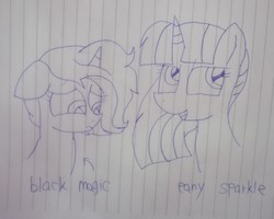 Size: 3489x2797 | Tagged: safe, artist:徐詩珮, oc, oc:black magic, oc:eany sparkle, pony, unicorn, female, high res, interdimensional siblings, lineart, magical lesbian spawn, mare, offspring, parent:tempest shadow, parent:twilight sparkle, parents:tempestlight, siblings, sisters, traditional art