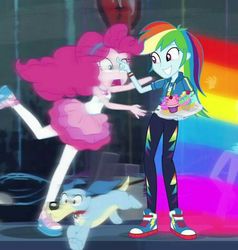 Size: 736x774 | Tagged: safe, screencap, pinkie pie, rainbow dash, dog, equestria girls, g4, my little pony equestria girls: better together, run to break free, blue dog, converse, cupcake, cute, dashabetes, diapinkes, female, food, geode of sugar bombs, geode of super speed, magical geodes, poking, rainbow trail, shoes, silly, silly dashie, slow motion, sneakers