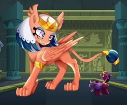 Size: 2000x1648 | Tagged: safe, artist:mysteriousshine, somnambula, sphinx (character), pegasus, pony, sphinx, daring done?, clothes, duo, gasp, macro, open mouth, ponified, role reversal, size difference, species swap, sphinxified, temple