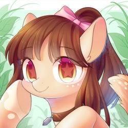 Size: 1700x1700 | Tagged: safe, artist:leafywind, oc, oc only, pegasus, pony, bow, bust, choker, colored pupils, female, hair bow, hoof on cheek, leaf, looking at you, mare, ponytail, portrait, smiling, solo, spread wings, starry eyes, wingding eyes, wings