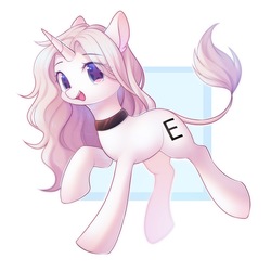Size: 2000x2000 | Tagged: safe, artist:leafywind, oc, oc only, pony, unicorn, abstract background, choker, e, female, high res, leonine tail, mare, open mouth, raised hoof, smiling, solo, starry eyes, wingding eyes
