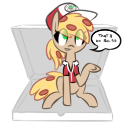 Size: 800x800 | Tagged: safe, artist:provolonepone, oc, oc only, oc:peetzer, earth pony, food pony, original species, pizza pony, pony, female, food, mare, pizza box, pizza delivery, ponified, simple background, solo