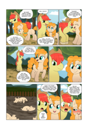 Size: 3541x5016 | Tagged: safe, artist:launny, bright mac, pear butter, earth pony, pig, pony, comic:a dirty pear, g4, blushing, cowboy hat, farm, female, hat, male, mare, married couple, missing cutie mark, mud, pig pen, stallion
