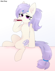Size: 2659x3459 | Tagged: artist needed, safe, oc, oc only, oc:artstina, earth pony, pony, female, high res, looking at you, mare, paintbrush, sitting, solo, tail band