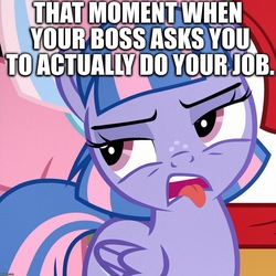 Size: 1078x1080 | Tagged: safe, edit, edited screencap, screencap, clear sky, quibble pants, wind sprint, earth pony, pegasus, pony, unicorn, common ground, g4, angry, annoyed, boss, caption, cropped, image macro, job, lazy, solo focus, text, tongue out, work