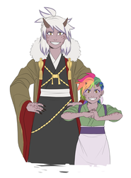 Size: 2480x3356 | Tagged: safe, artist:nubeinvernal, gilda, oc, oc:rainbow feather, dragon, human, g4, clothes, dragonified, female, gildragon, high res, horn, horned humanization, humanized, humanized oc, implied transformation, interspecies offspring, kimono (clothing), magical lesbian spawn, mom gilda, mother and daughter, offspring, parent:gilda, parent:rainbow dash, parents:gildash, species swap