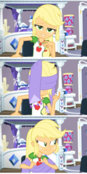 Size: 960x1920 | Tagged: safe, screencap, applejack, camping must-haves, equestria girls, g4, my little pony equestria girls: better together, angry, annoyed, bed, female, geode of super strength, lidded eyes, magical geodes, rarity's bedroom, smiling, solo