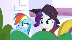 Size: 1920x1080 | Tagged: safe, screencap, rainbow dash, rarity, pegasus, pony, unicorn, g4, sparkle's seven, clothes, detective rarity, female, hat, mare, trenchcoat