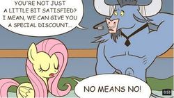 Size: 536x302 | Tagged: safe, artist:sazanamibd, edit, fluttershy, iron will, minotaur, pegasus, pony, g4, putting your hoof down, cropped, dialogue, duo, eyes closed, no means no, scene interpretation, speech bubble