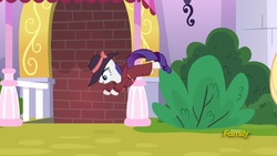 Size: 1920x1080 | Tagged: safe, screencap, rarity, pony, unicorn, g4, season 9, sparkle's seven, behaving like a cat, bow, brick wall, clothes, detective rarity, female, hat, mare, pounce, solo, trenchcoat