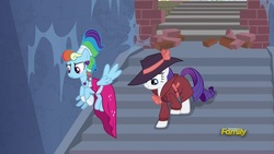 Size: 1920x1080 | Tagged: safe, screencap, rainbow dash, rarity, pegasus, pony, unicorn, g4, sparkle's seven, bow, clothes, detective rarity, dress, ear piercing, earring, fedora, female, hat, jewelry, mare, megaradash, necklace, piercing, trenchcoat