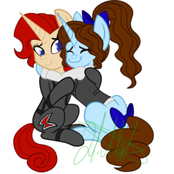 Size: 1280x1280 | Tagged: safe, artist:chelseawest, oc, oc only, oc:clarity, pony, unicorn, black widow (marvel), bow, female, hug, mare, petalverse, ponified, simple background, tail bow, transparent background