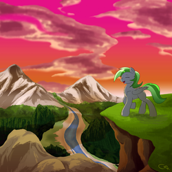 Size: 3000x3000 | Tagged: safe, artist:stec-corduroyroad, oc, oc:forest rain, pegasus, pony, album cover, cliff, cloud, high res, mountain, river, scenery, singing, sunrise, sunset, tree