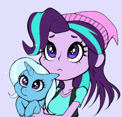 Size: 1200x1145 | Tagged: safe, artist:the-park, starlight glimmer, trixie, human, pony, unicorn, equestria girls, g4, animated, cute, daaaaaaaaaaaw, diatrixes, duo, eye shimmer, female, floppy ears, gif, glimmerbetes, holding a pony, human and pony, mare, simple background, stare, weapons-grade cute