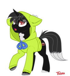Size: 1916x2086 | Tagged: safe, artist:_vodka, artist:lazycloud, oc, oc only, oc:dog whisperer, pony, unicorn, base used, clothes, cute, eye clipping through hair, female, hoodie, looking up, mare, open mouth, raised hoof, ribbon, rule 63, simple background, solo, standing, surprised, transparent background, unshorn fetlocks, ych result