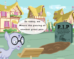 Size: 960x768 | Tagged: safe, artist:pizzamovies, mr. waddle, pony, g4, animated, dialogue, gravestone, male, offscreen character, shovel, stallion