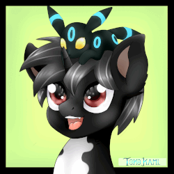 Size: 1000x1000 | Tagged: safe, artist:tokokami, oc, oc only, oc:dog whisperer, pony, umbreon, unicorn, animated, black mane, bust, crossover, cute, duo, happy, looking at you, looking up, male, open mouth, pokémon, shiny, shiny pokémon, sitting on head, sitting on person, sitting on pony, smiling, solo, stallion, starry eyes, wingding eyes, ych result