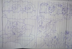 Size: 4248x2943 | Tagged: safe, artist:徐詩珮, fizzlepop berrytwist, princess luna, spring rain, tempest shadow, alicorn, pony, sheep, unicorn, g4, bed, broken horn, comic, counting sheep, dream, female, funny, happy, horn, i love you, lesbian, lineart, looking at you, luna's dream, magic, mare, onomatopoeia, pillow, prank, ship:springshadow, shipping, sleeping, snoring, sound effects, surreal, traditional art, zzz