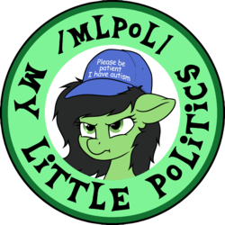 Size: 1200x1200 | Tagged: safe, artist:anonymous, artist:smoldix, edit, oc, oc:filly anon, pony, /mlpol/, autism, female, filly, hat, insignia, logo, meme, please be patient i have autism, scrunchy face, solo, unhappy