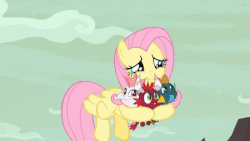 Size: 450x253 | Tagged: safe, edit, screencap, baby cinder, baby rubble, baby sparks, fluttershy, dragon, pegasus, pony, g4, sweet and smoky, animated, animated screencap, baby, baby dragon, cropped, cute, eye shimmer, eyes closed, female, flying, hug, loop, mare, nuzzling, shyabetes, weapons-grade cute