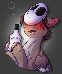 Size: 1677x2000 | Tagged: safe, artist:amenhonestly, artist:siena1923, oc, oc only, oc:pencil draft, pegasus, pony, blushing, bubble, commission, drunk, floppy ears, freckles, hidden eyes, holding a bottle, malibu, mask, open mouth, wings