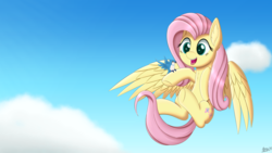 Size: 5120x2880 | Tagged: safe, artist:arcane-thunder, fluttershy, bird, pegasus, pony, g4, cloud, cute, ear fluff, female, flying, high res, mare, open mouth, open smile, outdoors, shyabetes, simple background, sky, smiling, solo, spread wings, wings