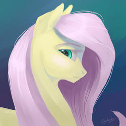 Size: 1024x1024 | Tagged: safe, artist:skyaircobra, fluttershy, pegasus, pony, g4, abstract background, bust, female, gradient background, portrait, solo