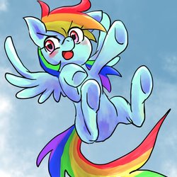 Size: 900x900 | Tagged: safe, artist:themirky, rainbow dash, pegasus, pony, g4, blushing, female, flying, mare, open mouth, sky, solo