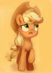 Size: 1429x2005 | Tagged: safe, artist:aemuhn, applejack, earth pony, pony, g4, female, frown, mare, raised hoof, solo