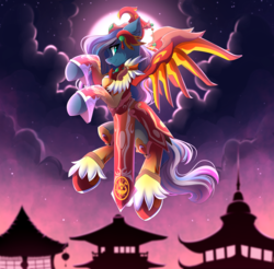 Size: 5555x5462 | Tagged: safe, artist:airiniblock, oc, oc only, oc:vivid tone, pegasus, pony, rcf community, absurd resolution, clothes, full moon, moon, night, smiling, solo, stars, wings